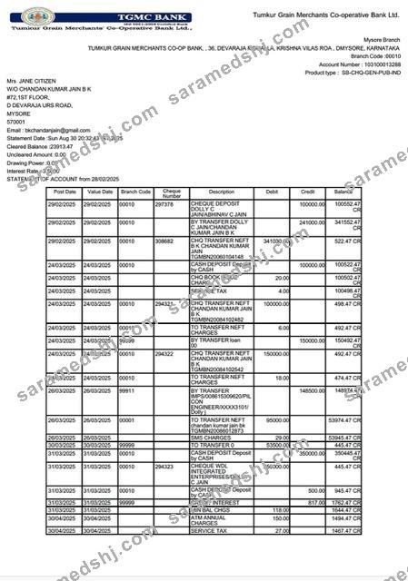 India Tumkur Grain Merchants Co-operative Bank statement of account Word and PDF template